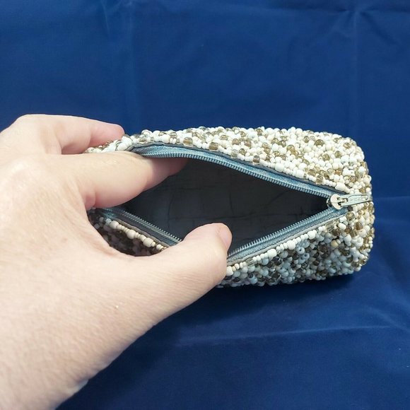 Beaded Clutch Bags Evening Bag Mini Beads Round Barrel White Gold Silver wrislet - Picture 6 of 10